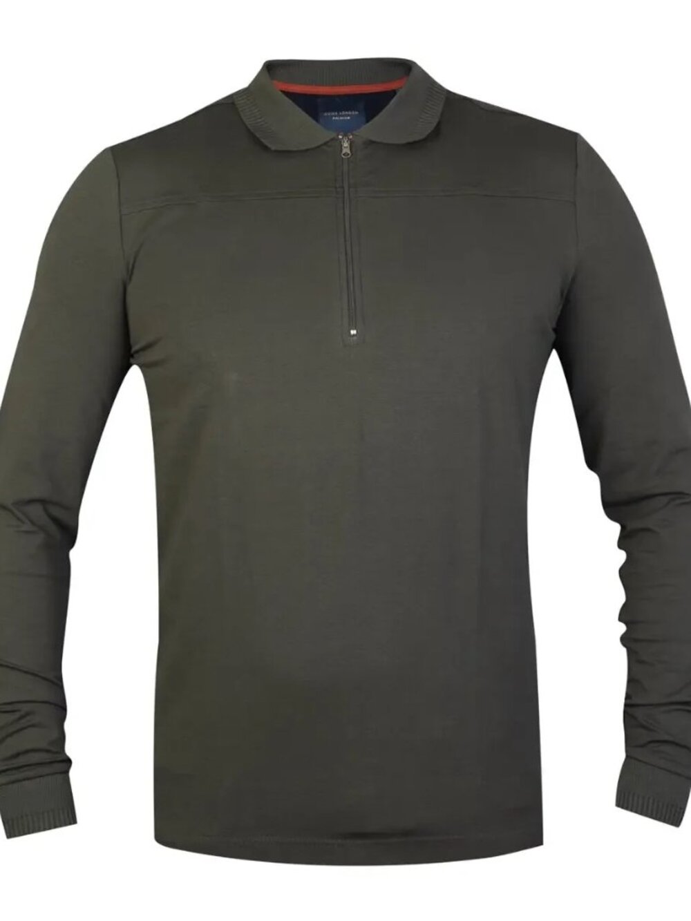 Guide London Olive Green Solid Jersey Knit Front Zip Long Sleeve Polo